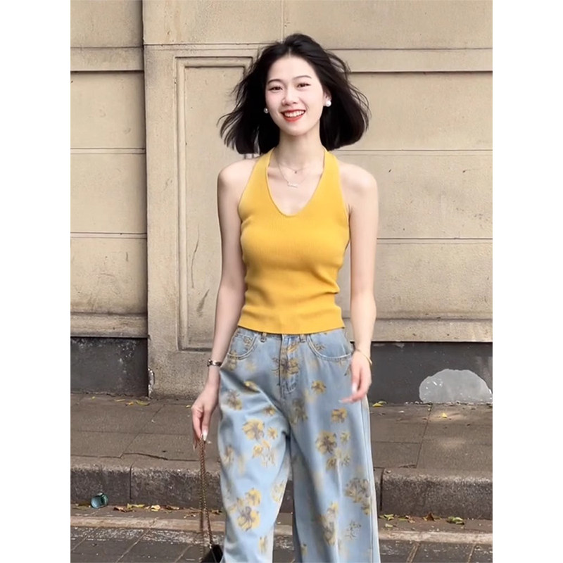 黄色v领挂脖针织吊带背心女夏季外穿薄款冰丝修身露背无袖短上衣