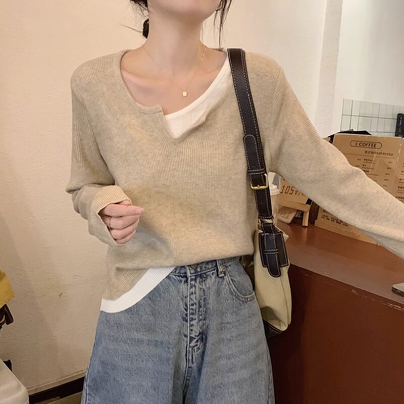 秋季宽松设计感小众假两件针织上衣女外穿百搭杏色打底长袖T恤衫