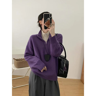 紫色半拉链高领假两件毛衣女秋冬季设计感宽松针织羊毛衫撞色上衣