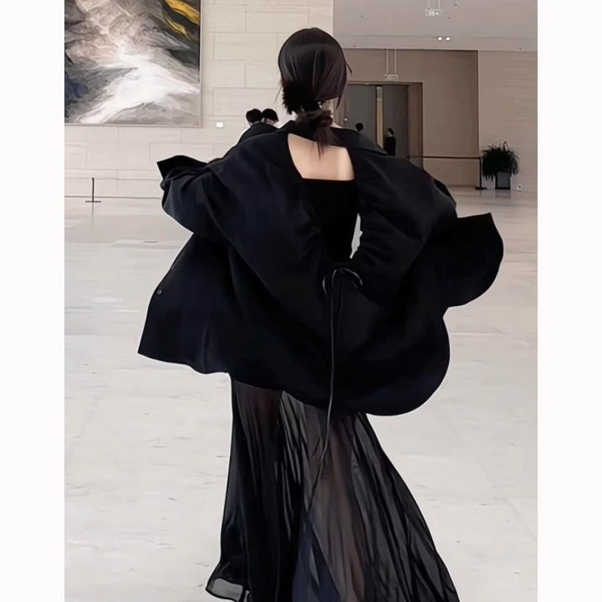 黑色露背天丝长袖衬衫女夏季高级感冰丝宽松防晒衬衣外套罩衫上衣