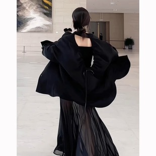 黑色露背天丝长袖衬衫女夏季高级感冰丝宽松防晒衬衣外套罩衫上衣