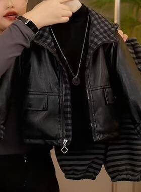 外套202皮衣加绒新款加厚夹克男童儿童上衣宝宝冬季连帽夹棉女童