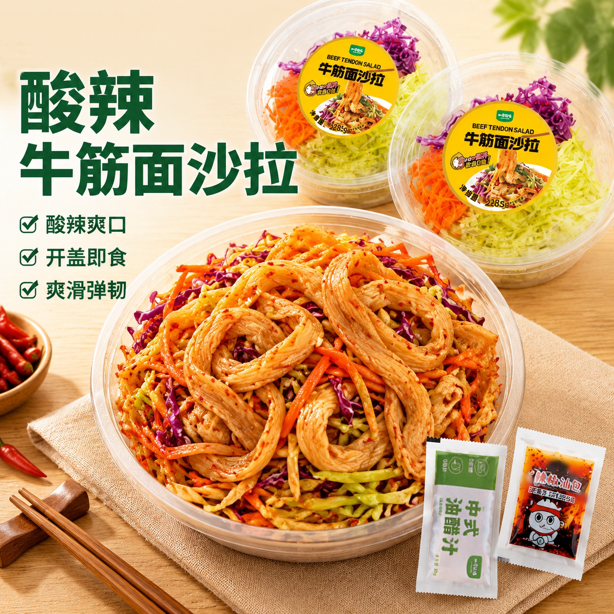 一号农场即食凉拌酸辣牛筋面沙拉