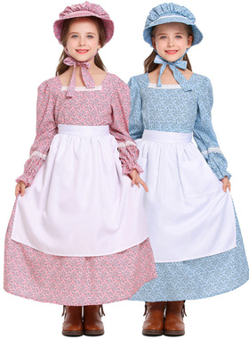 万圣节田园风长裙粉色蓝色碎花殖民地女孩草原先锋开拓者服