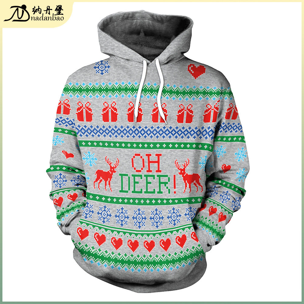 欧美源头圣诞节女装圣诞数码印花长袖宽松棒球服情侣卫衣