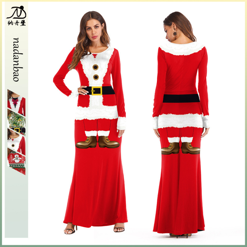 欧美 圣诞服装 热销角色装扮舞会3D圣诞老人印花成人连衣裙女长裙