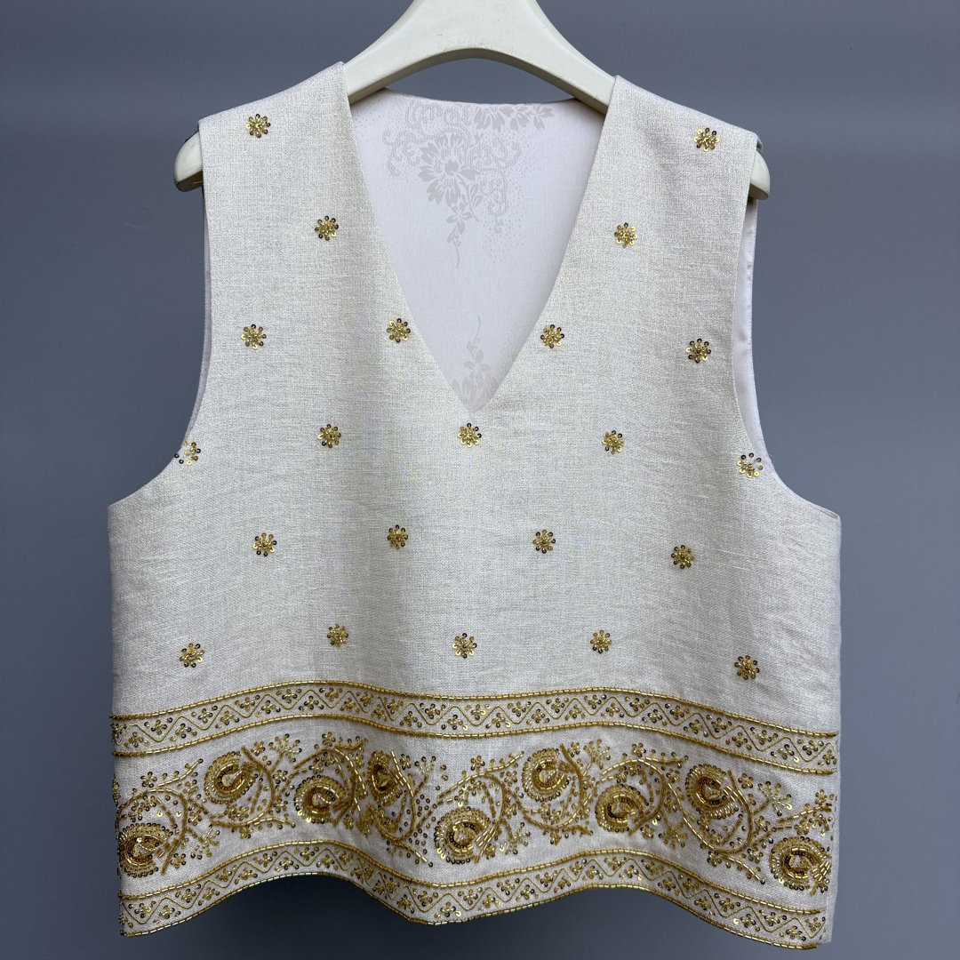 名品港2026春季新款时尚V领金色亮片串珠提花亚麻背心马甲女161,女装/女士精品,上衣,淘宝优惠券,粉丝福利购,淘宝优惠卷