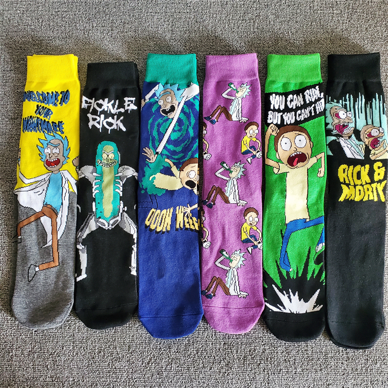 动漫瑞克和莫蒂卡通满印搞怪高长筒男女袜子绿黄瓜滑板欧美周边