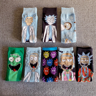 薄款 外贸卡通长筒袜子动漫人物瑞克和莫蒂街头男女潮滑板嘻哈个性