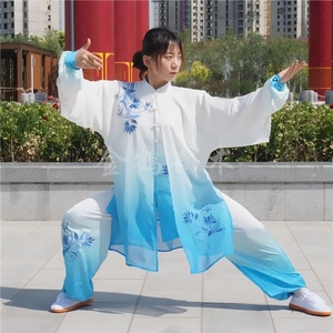 金鹤武术新款弹力真丝绸过渡渐变色刺绣太极服表演比赛服男女春秋