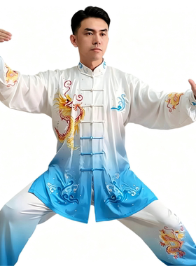 金鹤武术新款男士高档刺绣太极服比赛表演服蓝色红色长袖春秋包邮
