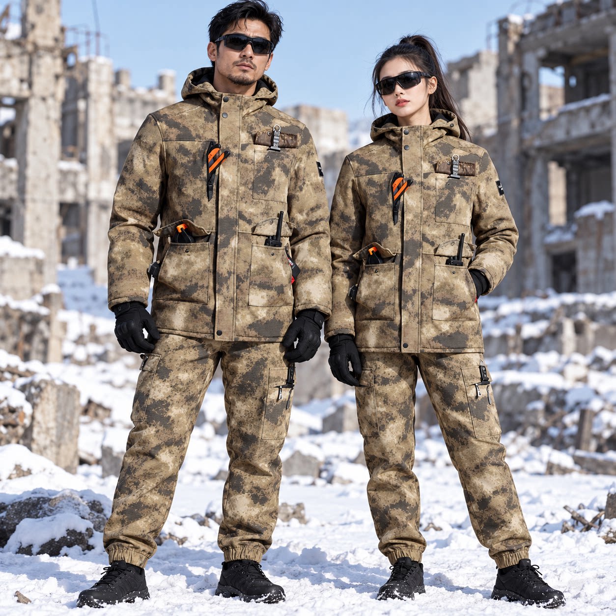 迷彩大衣套装男户外冬季加绒棉衣三层加厚保暖棉袄棉服迷彩加绒裤