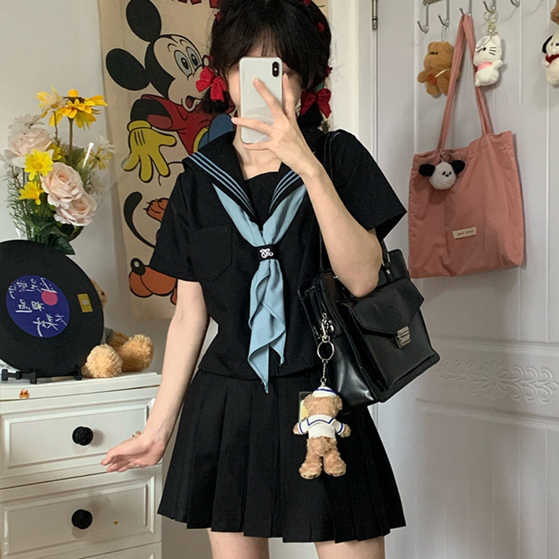 日系基础款黑色蓝三本水手服正版jk制服裙学院风长袖校服班服套装