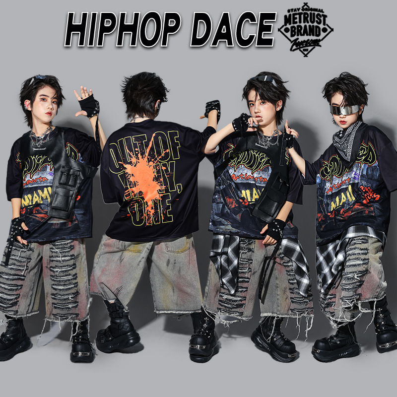 儿童街舞演出服少儿hiphop架子鼓服装男童嘻哈马甲套装男孩表演