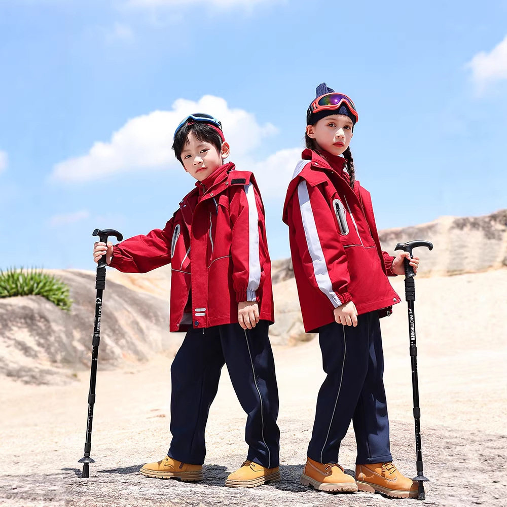 冬季儿童登山户外三合一冲锋衣红色小学生校服幼儿园园服班服套装