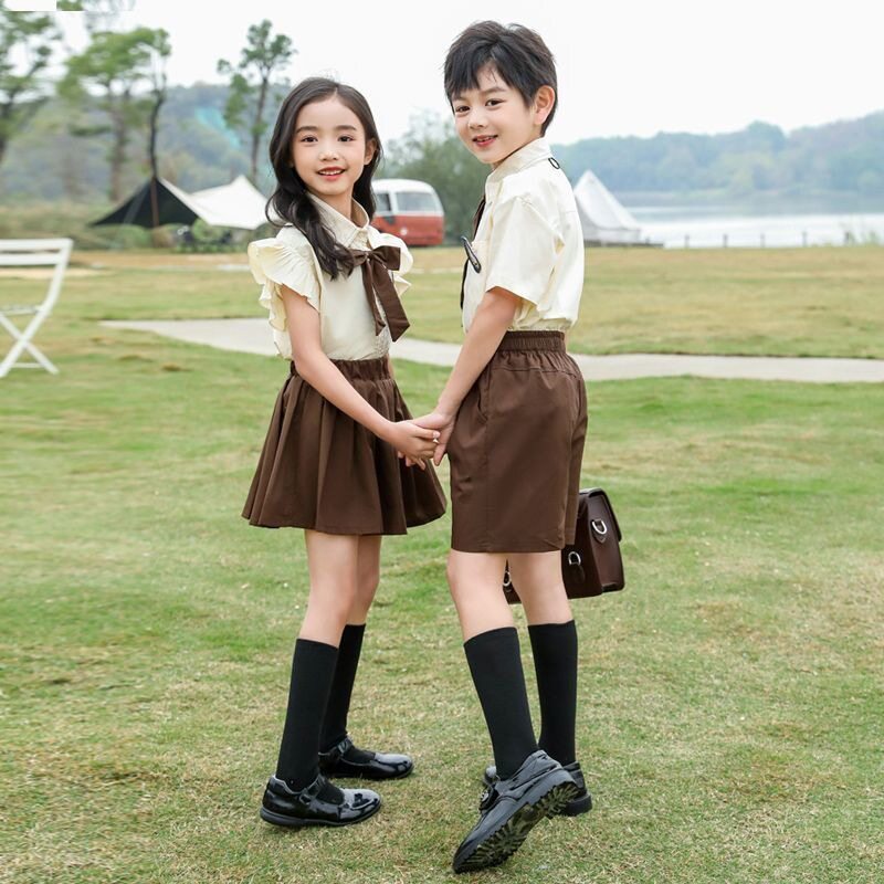 夏季英伦风短袖衬衣套装男女童园服幼儿园小学生班服校服演出服装