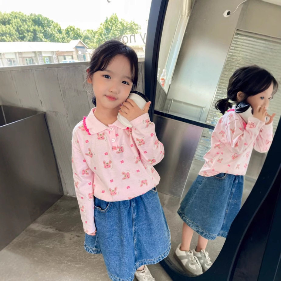 女童2025上衣Polo领长袖粉色潮荷叶边校服翻领儿童款内搭中小童
