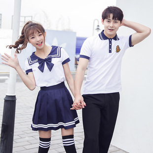 韩版学生情侣毕业班服JK制服水手服棉短袖T恤套装 校服批发代发