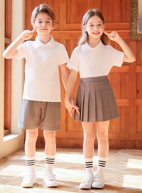 白色短袖小学生夏季校服园服儿童短袖T恤学院风男女童polo衫套装