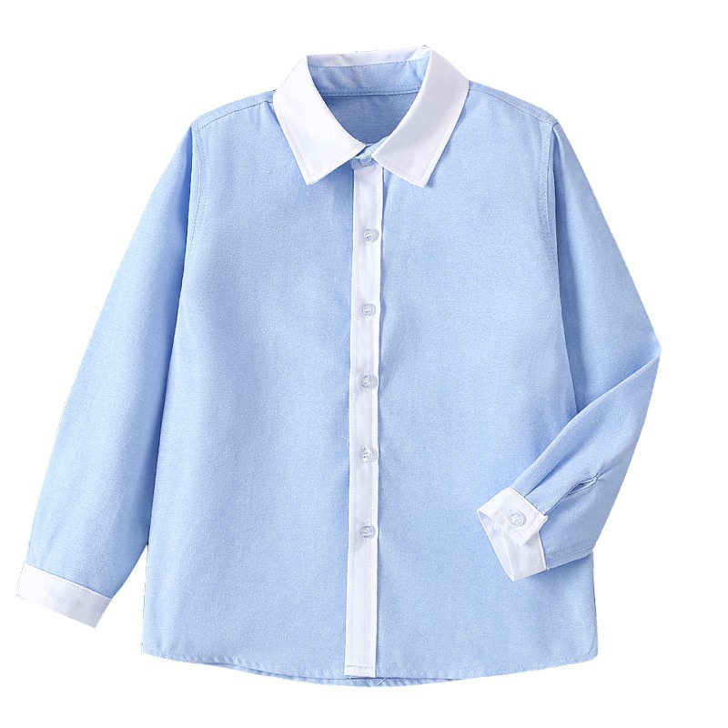 儿童衬衫蓝色白领新款小学生天蓝色幼儿园白袖口衬衣演出校服