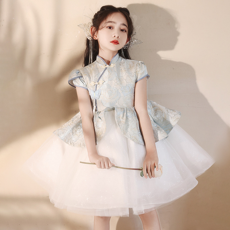 旗袍女童生日礼服女宝公主裙儿童婚纱中式花童婚礼钢琴演出服