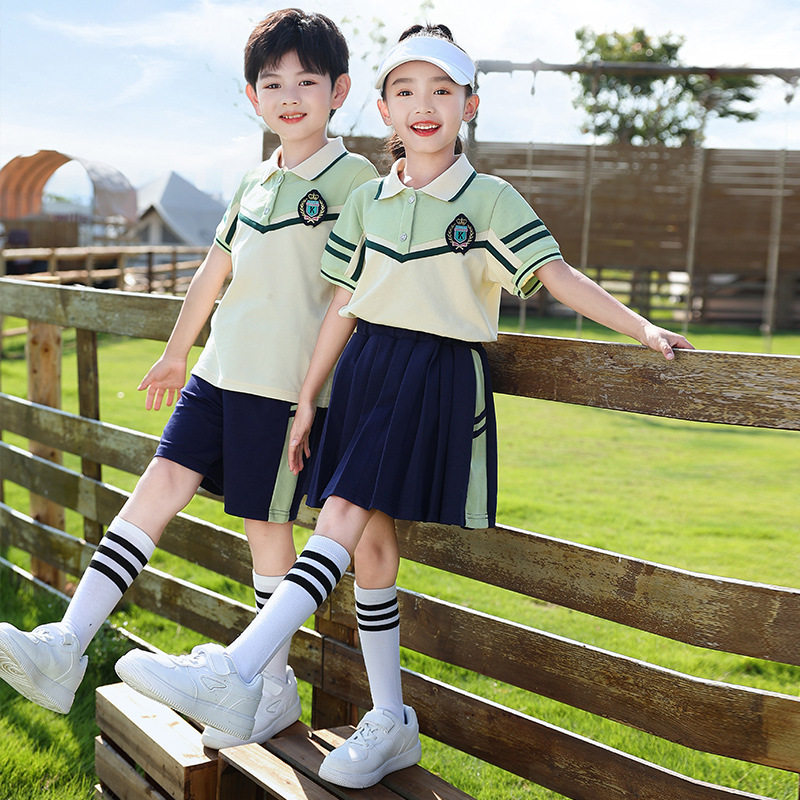 幼儿园全班班服小学生夏季校服儿童运动套装短袖薄款绿色珠地套装