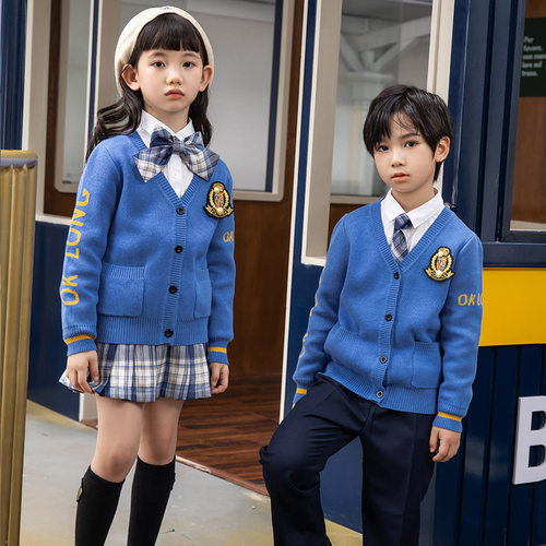 幼儿园园服春秋款三件套儿童校服套装中小学生英伦学院风毛衣班服
