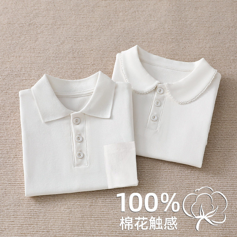 男女童纯色POLO翻领打底衫女孩白色校服纯棉婴儿上衣长袖百搭衬衫