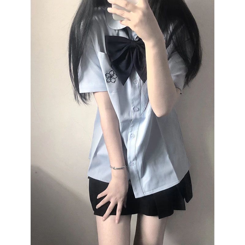 原创日系jk制服正版原创夏季基础款学生短袖刺绣蓝色衬衣校服制服