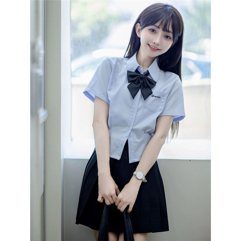 爆款原创jk衬衫女泰式校服蓝色上衣夏季短袖修身收腰衬衣套装