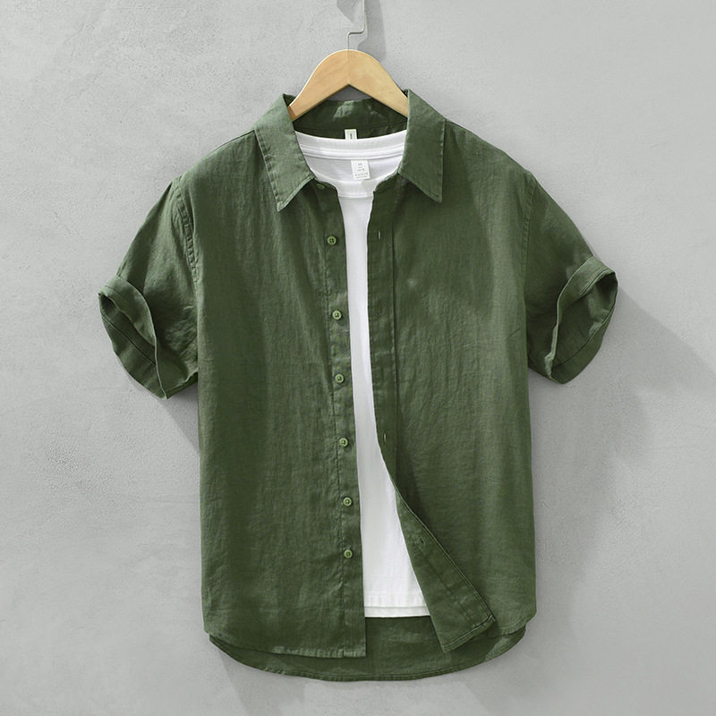 2752亚麻衬衫男夏季宽松透气短袖上衣文艺休闲纯色衬衣一件代发