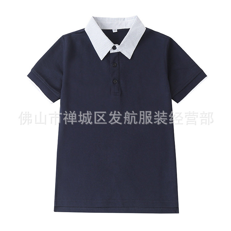 中小学生校服学院英伦风园园服夏季白色藏青格子翻领短袖T恤上衣