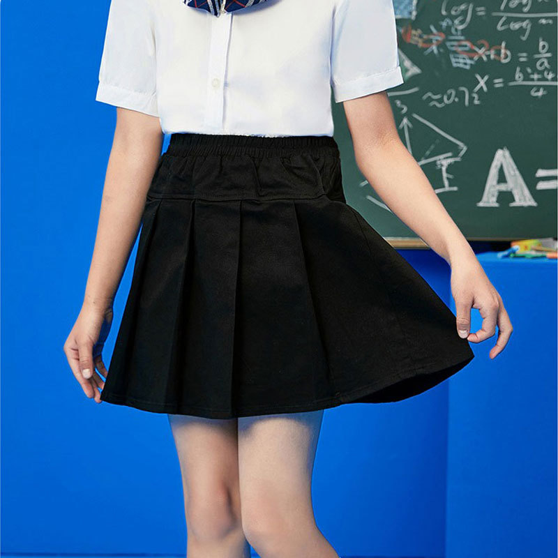 儿童百褶裙夏季女童短裙纯棉白黑卡其色小学初中生校服裙宝宝裙子