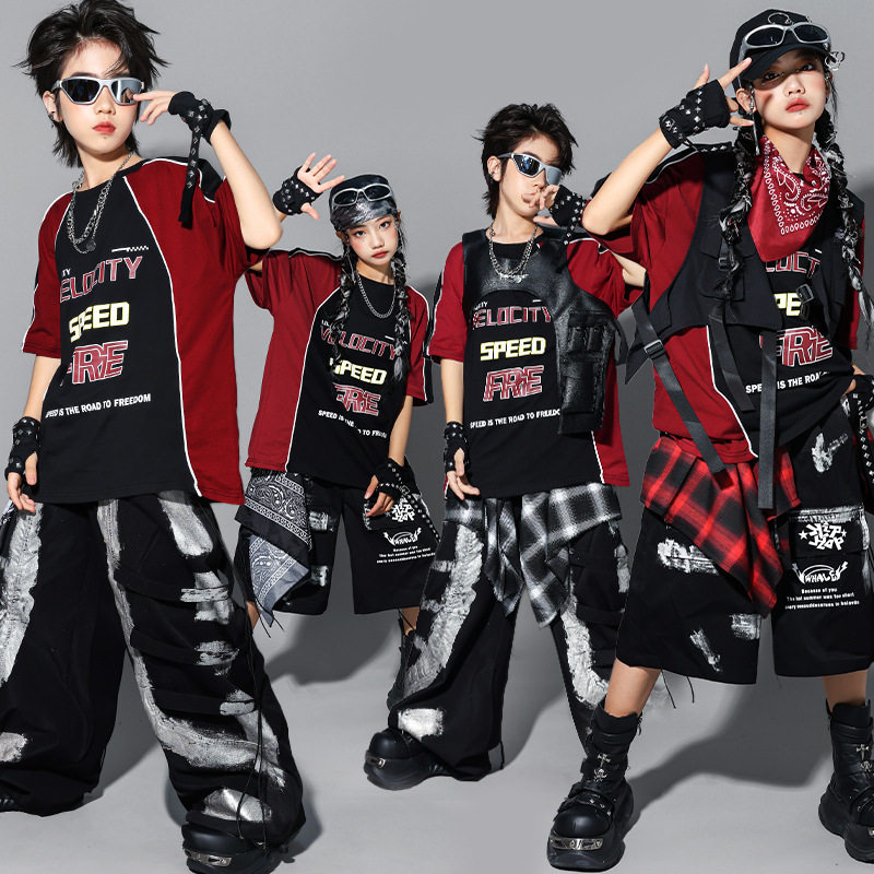 儿童街舞演出服男童hiphop嘻哈马甲套装少儿炸街服装女童表演