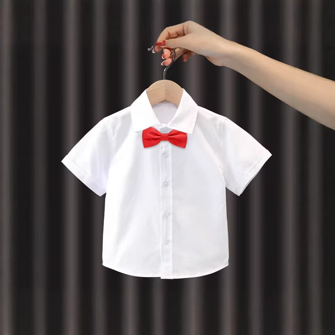 六一儿童白衬衫短袖男女童纯白色衬衣棉中大童表演出服小学生校服