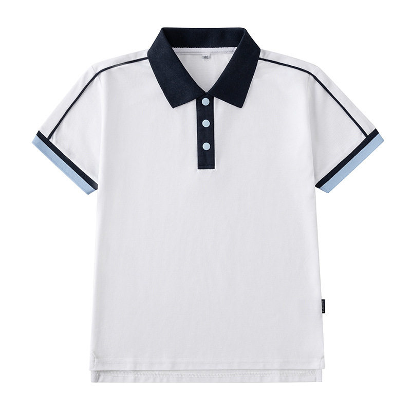 学生校服夏季短袖儿童t恤班服男女童湖蓝藏青白色撞色上衣Polo衫