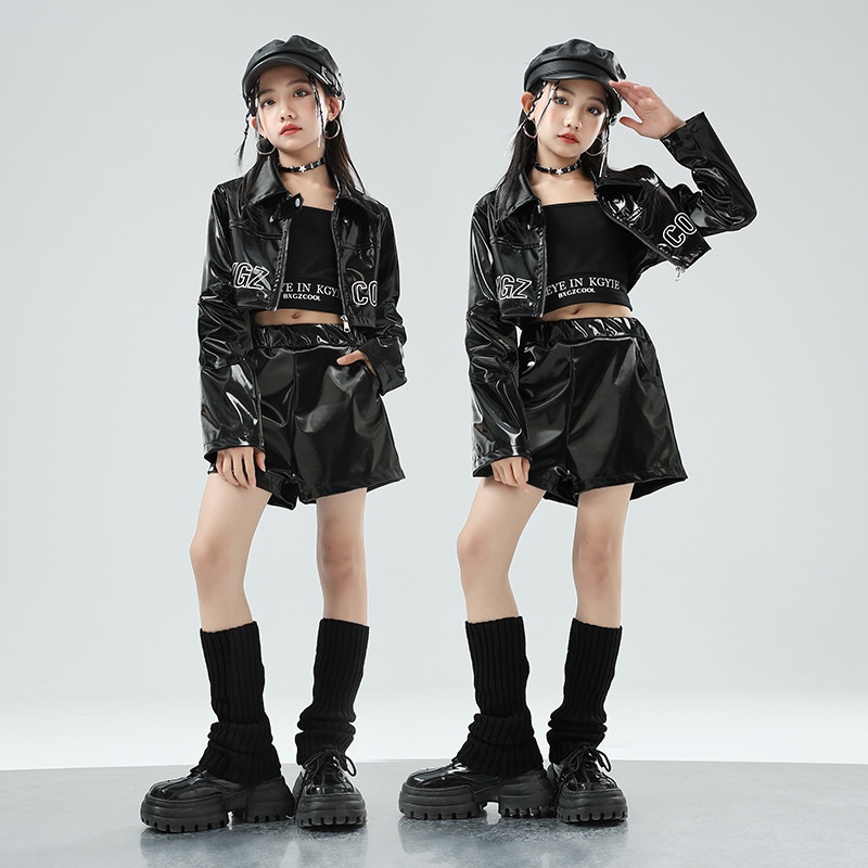 儿童爵士舞服装皮衣套装露脐JAZZ街舞演出服女童舞蹈走秀潮服