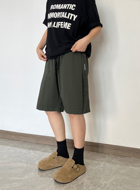 SLOWBAND日系百搭阔腿松紧腰休闲短裤男女夏季宽松皱褶工装五分裤