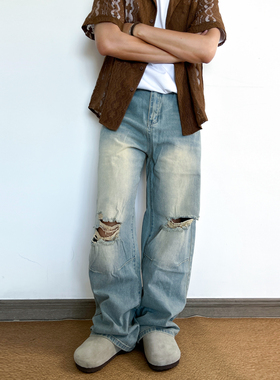 SLOW BAND美式vibe风做旧破洞牛仔裤男宽松直筒阔腿cleanfit长裤
