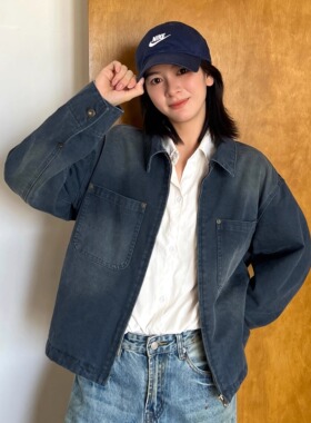 SLOWBAND美式复古翻领巴恩风洗水做旧法工蓝修身夹克短款正肩外套