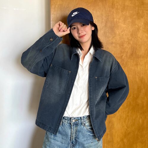 SLOWBAND美式复古翻领巴恩风洗水做旧法工蓝修身夹克短款正肩外套