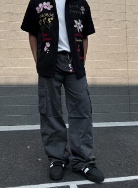 SLOW BAND美式街头复古直筒口袋洗水工装裤日系宽松休闲长裤男女