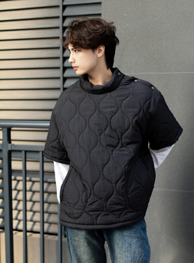 SLOWBAND日系复古高领穿搭宽松绗棉套头短袖棉服外套休闲半袖棉衣