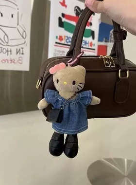 韩系复古牛仔裙黑皮长腿Kitty挂件小众可爱毛绒公仔包包挂饰钥匙