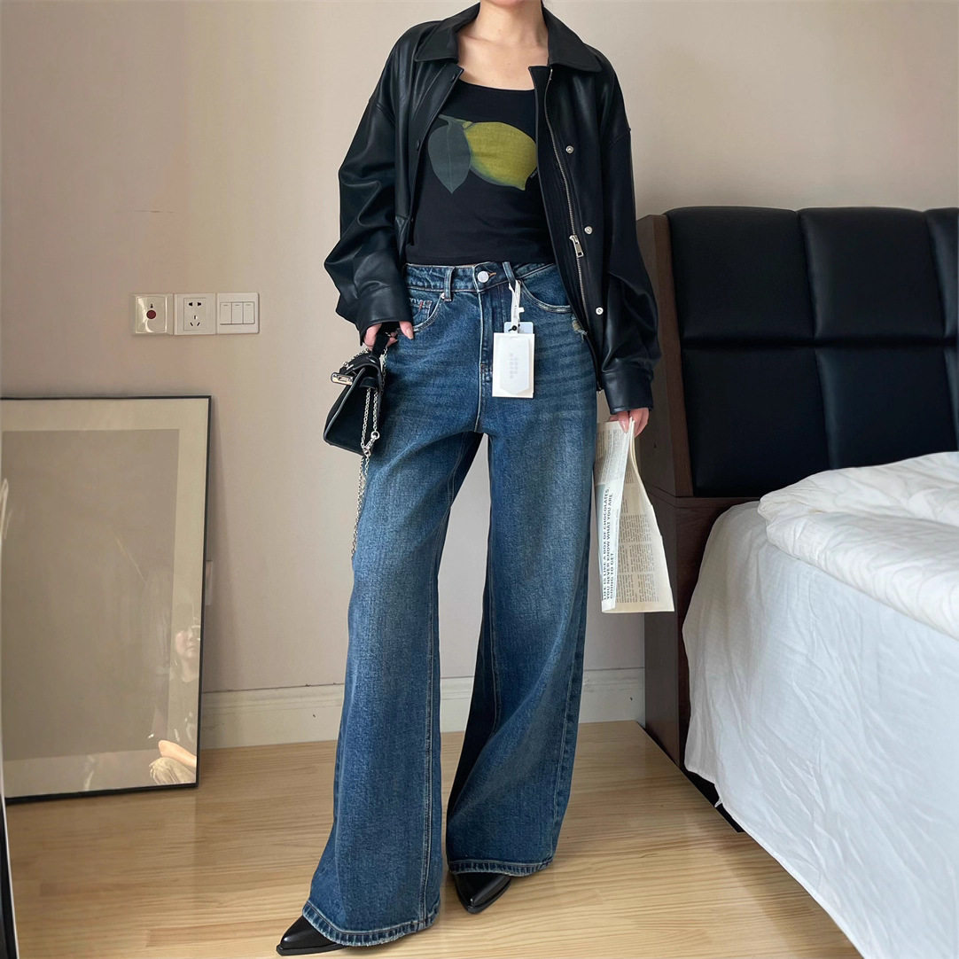 口袋拉丝磨破设计！大牌感阔腿裤直筒牛仔裤刺绣笑脸长裤子女秋款