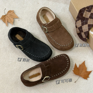 真皮厚底羊羔毛全包勃肯靴女2025冬新款一脚蹬增高保暖棉鞋小个子