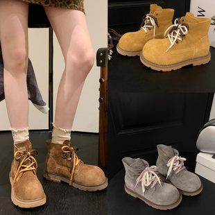 英伦风工装 厚底真皮马丁靴女2025新款 大头短靴休闲系带户外大黄靴