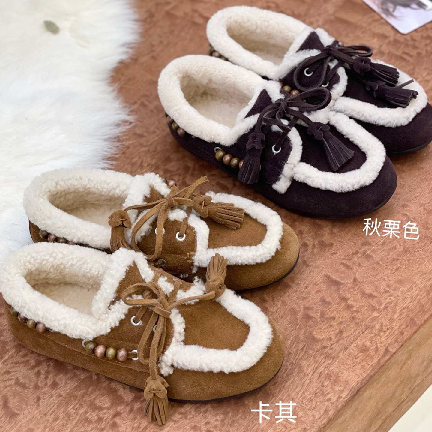 真皮流苏羊羔毛复古勃肯毛毛鞋