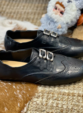 头层牛皮一脚蹬软底乐福鞋女2026春季新款黑色皮带扣布洛克小皮鞋
