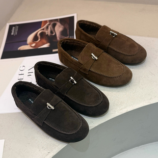 真皮加绒一脚蹬乐福鞋女2025冬季新款懒人豆豆鞋老钱风平底勃肯鞋